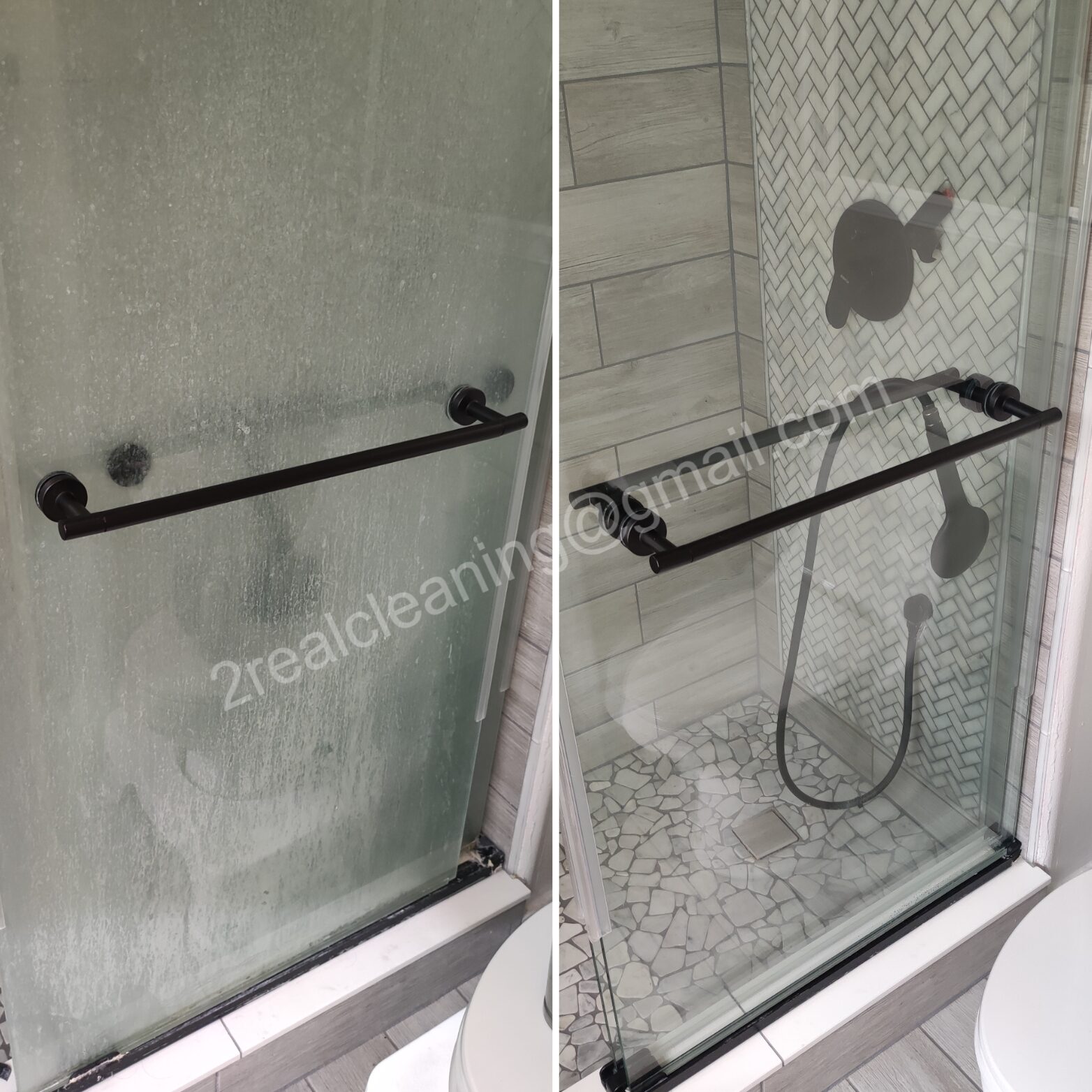 Shower glass door before and after a deep clean