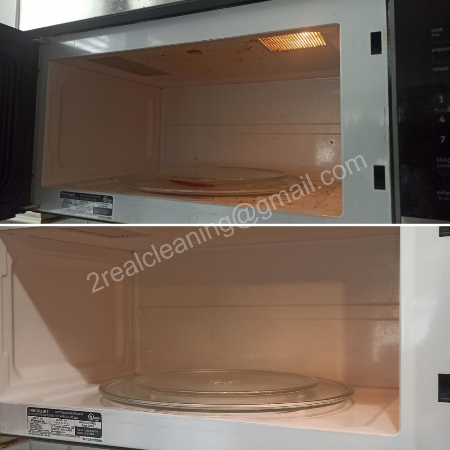 Microwave interior before and after a detailed clean