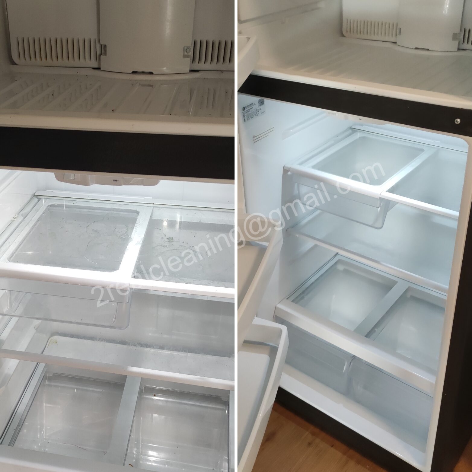 Refrigerator interior before and after a move-out clean